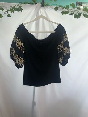 Free People Black Off-Shoulder Top with Gold Embroidered Puff Sleeves